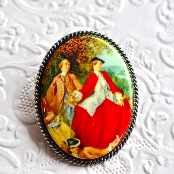 💞💗 Vintage Silver Porcelain Cameo Courting Couple Scarf Clip - Picture 1 of 8